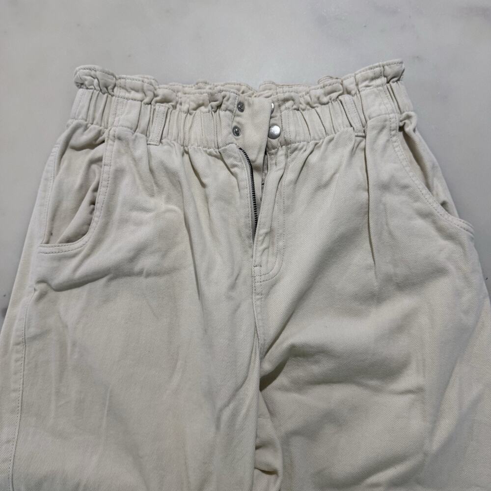 H&M 100% Cotton Pants Beige Elastic Paperback Waist Trousers Pockets Women’s 8 - Picture 6 of 11